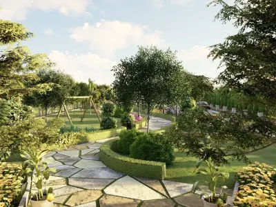 Landscape 3D Model garden path with trees and shrubs 3D model