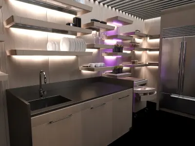 Kitchen with lighting and shelves 3D model