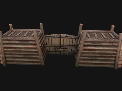 Medieval Fortress Gate with  Wooden Wall Low-poly 3D model