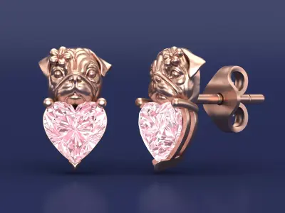 Pug Dog Stud Earrings with Heart Shaped Gems 3D Jewelry Design 3D print model