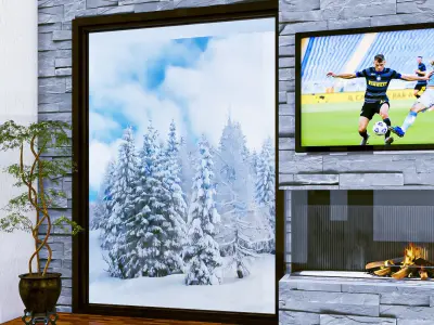 Fireplace with Window Wall Grey Stone Free 3D model