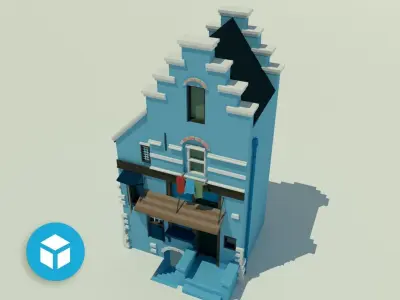 Blue tenement with shop window and basement Low-poly 3D model
