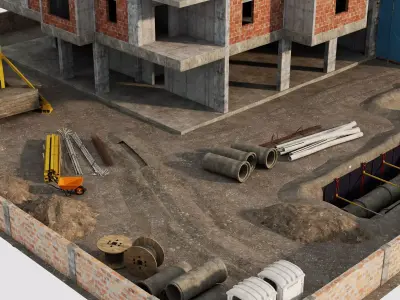 Mid Rise Construction Tower Crane Brick Building 3D Model  Low-poly 3D model