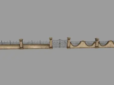 wall set stone with wrought iron railings Low-poly 3D model