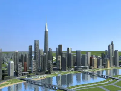City 1 with skyscrapers and river 3D model