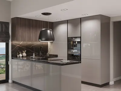 Modern kitchen with glossy lacquered doors 3D model