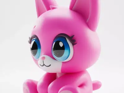 Cute Pink Bunny 3D Model Fluffy Plush Toy Big Blue Eyes Low-poly 3D model