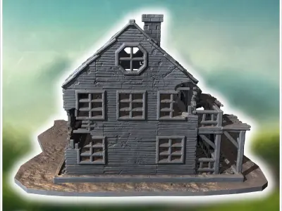 Two-story ruined house with damaged balcony shattered windows an 3D print model