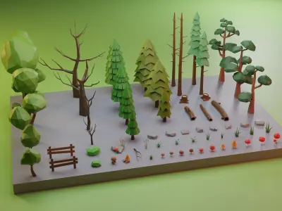 Low Poly Trees Grass and Rocks Low-poly 3D model