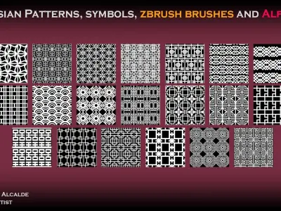 20 Asian Patterns symbols ZBRUSH IMM and Alphas Blender Low-poly 3D model