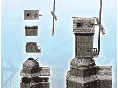 Medieval mill with quadruple blades and base annex 12 - Medieval 3D print model