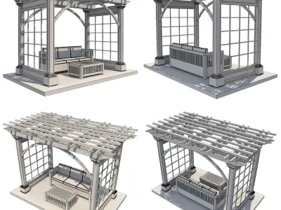 Pergolas Set 3 wooden pergola with bench and table Low-poly 3D model
