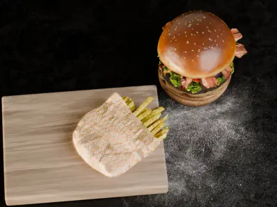 Handcrafted Crispy Cheese Burguer with French Fries 3D model