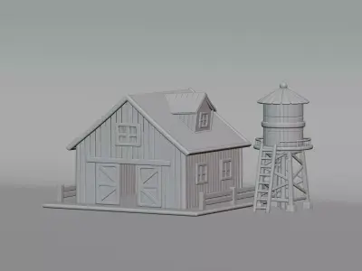 Hybrid Barn with Water Tank Low-poly 3D model