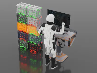  Futuristic Control Station with Astronaut and Sci-Fi Crates 