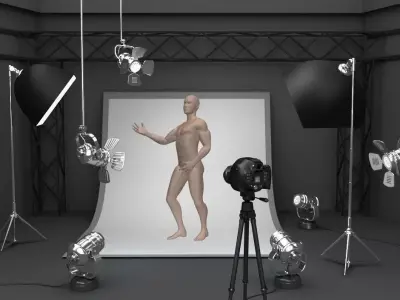 Photo studio equipment and white background 3D model