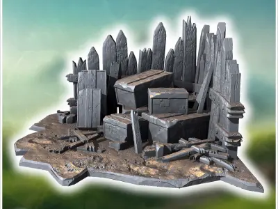 Pile of broken crates wooden planks and debris against a fortifi 3D print model