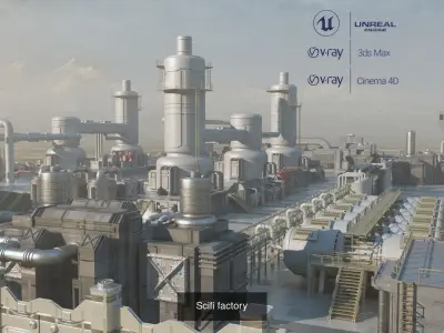 Four Sci-fi Factory 3D Model Pack