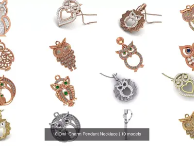 10 Owl  Charm Pendant Necklace 3D Model Pack