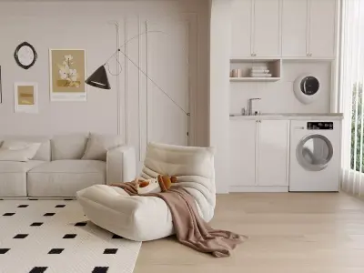 Cozy Cream Living Lounge with Soft Modular Sofa 3D model