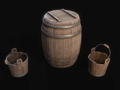 Medieval Barrels and bucket Low-poly 3D model