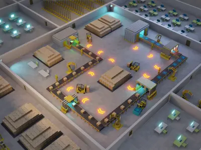 Sci fi factory with conveyor line and robotic arms  animation Low-poly 3D model