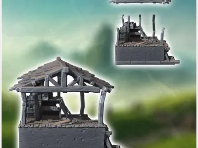 Partially collapsed wooden shed with exposed beams and scattered 3D print model