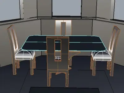a kitchen with sitting area windows and  with metallic interior 3D model