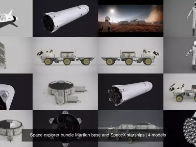 Space explorer bundle Martian base and SpaceX starships 3D Model Pack