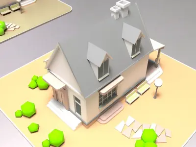 Countryside Cartoon Building with Backed Shadow Low-poly 3D model