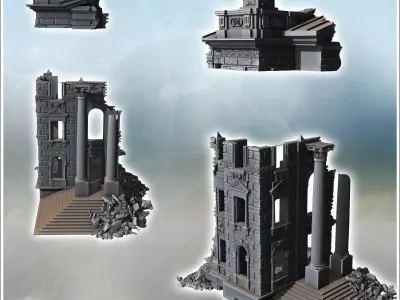 Classical building facade with columns large steps and broken de 3D print model
