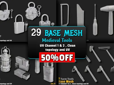 29 Medieval Tools Base Mesh Bundle