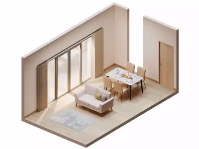 Isometric Dining Living Room With Wooden Floor 3D model