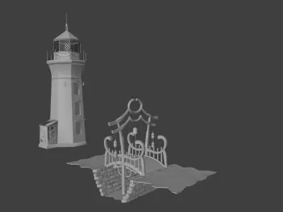 Lighthouse with oriental bridge 3D model