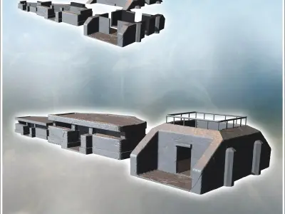 Three modern flat-roofed bunkers with reinforced walls featuring 3D print model