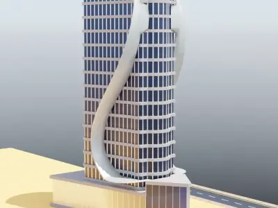 Architectural model of modern building with curved facade Low-poly 3D model
