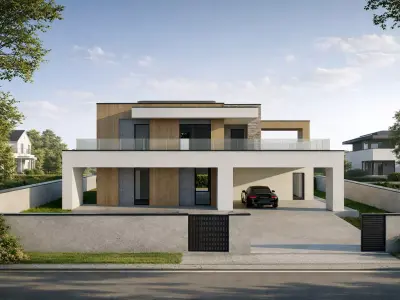 Modern Two-Story Villa With Terrace And Carport Low-poly 3D model