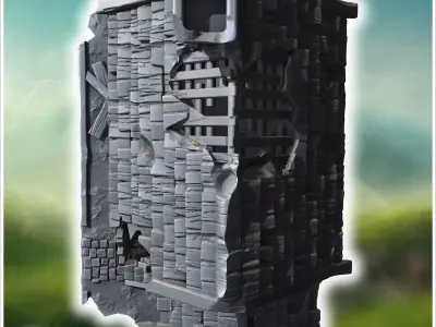 Two-story wooden house with a damaged porch broken windows and a 3D print model