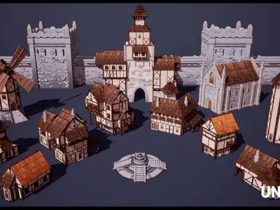 Low Poly Medieval Village - Modular Buildings Streets Markets Low-poly 3D model