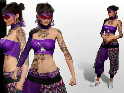 Asian Realistic Tattooed Female Character Game Ready Low-poly 3D model