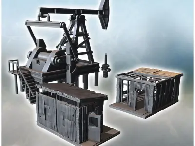 Oil rig with wooden structures pipes and mechanical equipment on 3D print model