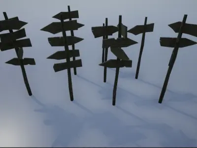 Lowpoly Medieval Wooden Road Signs Low-poly 3D model