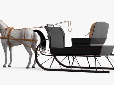  Antique Winter Sleigh with Harnessed Horse 