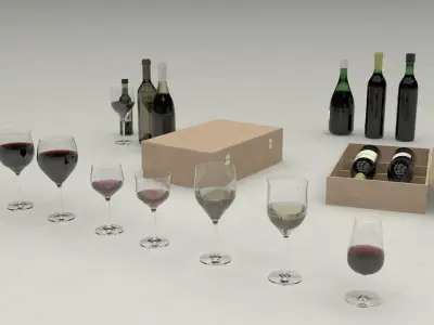 Wine set bottles in wooden box 3D model