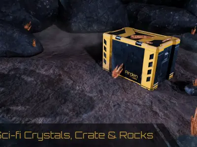 Sci fi Crystals and Resource Crate and Rocks Low-poly 3D model