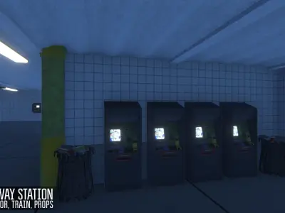 Subway station -  train and props Low-poly 3D model