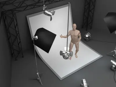 Photo studio equipment and white background 3D model