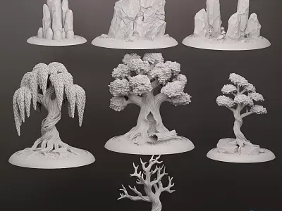 Ancient Trees  Rock Formations Terrain Set - Presupported STL 3D print model