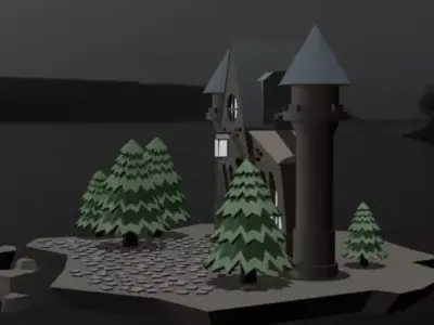 Stylized medieval Castle with Snowy Pines Low Ply 3d Model Low-poly 3D model