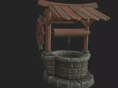 Well 1 wooden water with stone wall Free low-poly 3D model